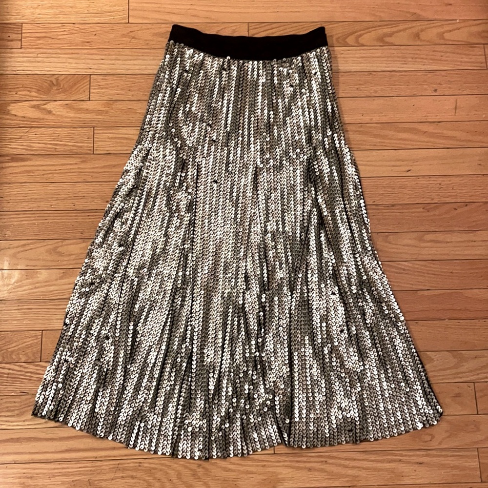 Maje sequin skirt, size 2, black with silver sequins and gold thread details